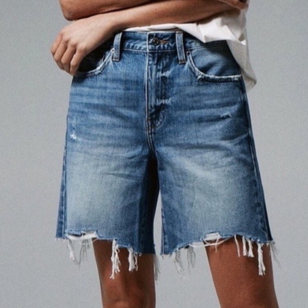 Pistola 30 Kelly Skater Medium Wash Distressed Raw Hem Denim Cut Off Shorts